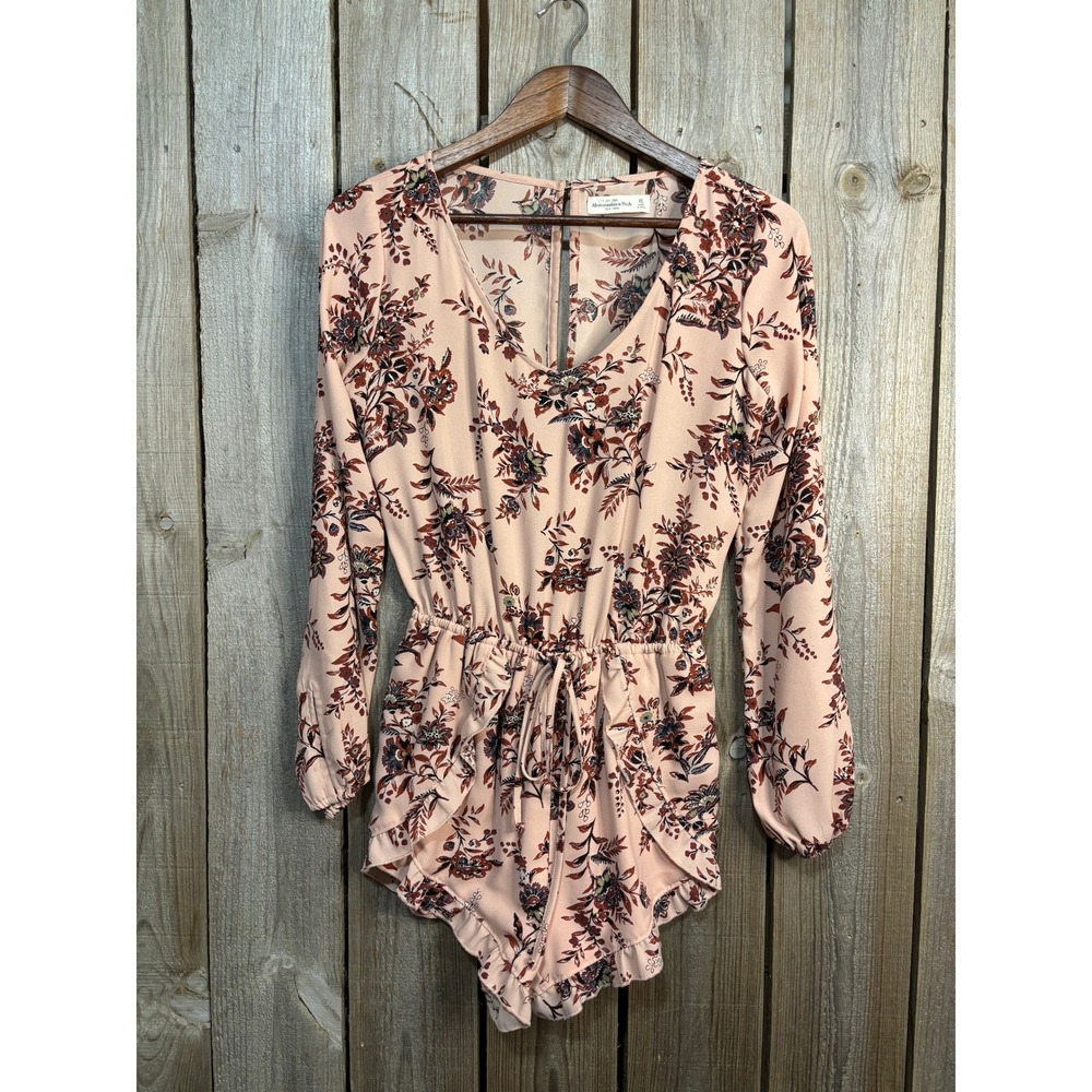 Abercrombie & Fitch Pink Floral Long Sleeve Romper Ruffle Hem XS 1P3313